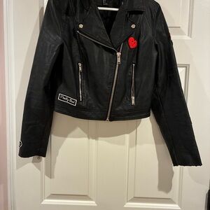 Forever 21 Black Leather Jacket with Red Heart Accent